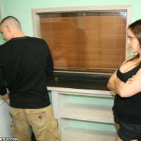 Big titted Katie Cummings masturbates a guy in the kitchen