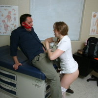 Sexy doctor Sunny Lane in uniform strips for hot fucking