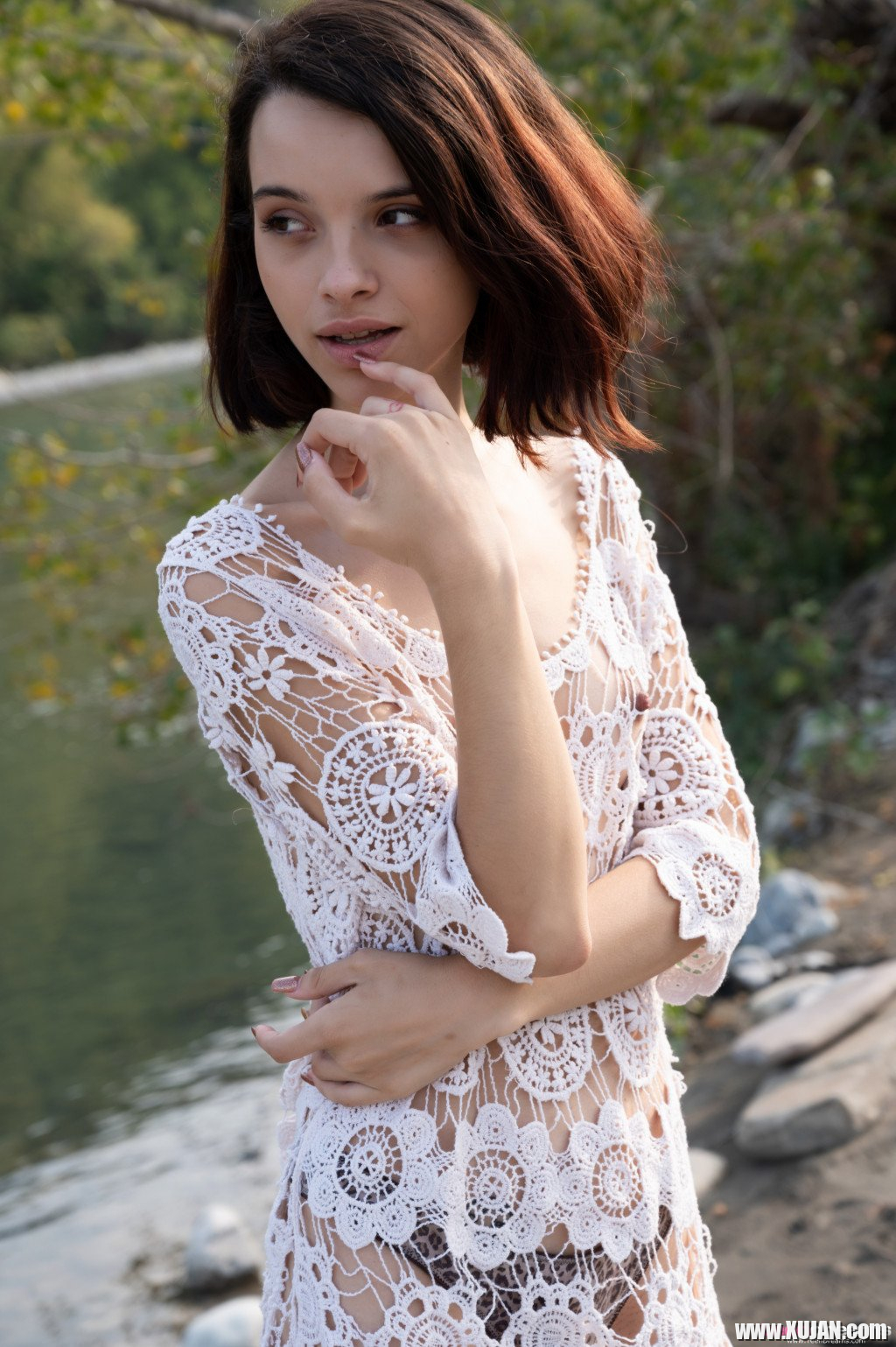 Shy young cutie Ohana Petite seductively reveals smooth skin by the river - Photo #1477191