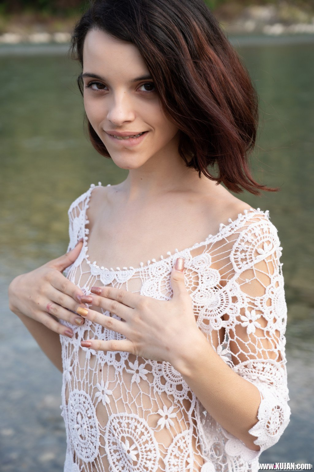 Shy young cutie Ohana Petite seductively reveals smooth skin by the river - Photo #1477195
