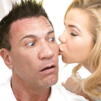 Young blonde girl Alina West seducing older man for sexual activities