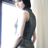 Tattooed brunette Violet Monroe smoking cigarette while flashing underwear