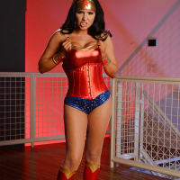 Cosplay adorned pornstar Romi Rain masturbating after loosing big boobs