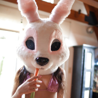 Topless chick Gabriella Paltrova flaunting nice tits in cosplay bunny head