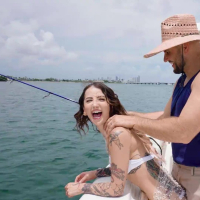 Horny brunette beauty Valerica Steele serves a big cock on a boat