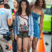 Katie Holmes upskirt wearing an ultra short denim dress