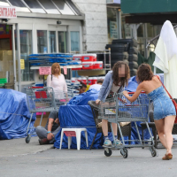 Katie Holmes upskirt wearing an ultra short denim dress
