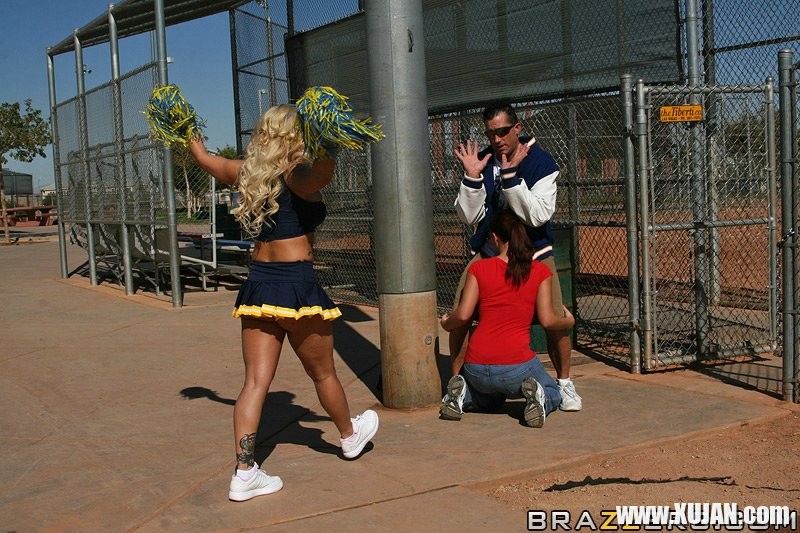 Big busted cheerleader Shyla Stylez has some anal fun with two studly lads - Photo #1551811