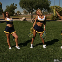 Big busted cheerleader Shyla Stylez has some anal fun with two studly lads
