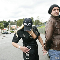 Hot lady cop Shyla Stylez arrests a guy and makes him fuck her pussy