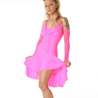 Tattooed blonde Liliane Tiger in pink strips naked