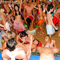 Seductive babes in bikinis are into hardcore groupsex at the wild party