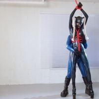 Blonde Latex Lara gets tied up and pleased by a friend