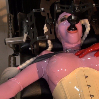 Horny Latex Lara getting pleased with toys by two friends
