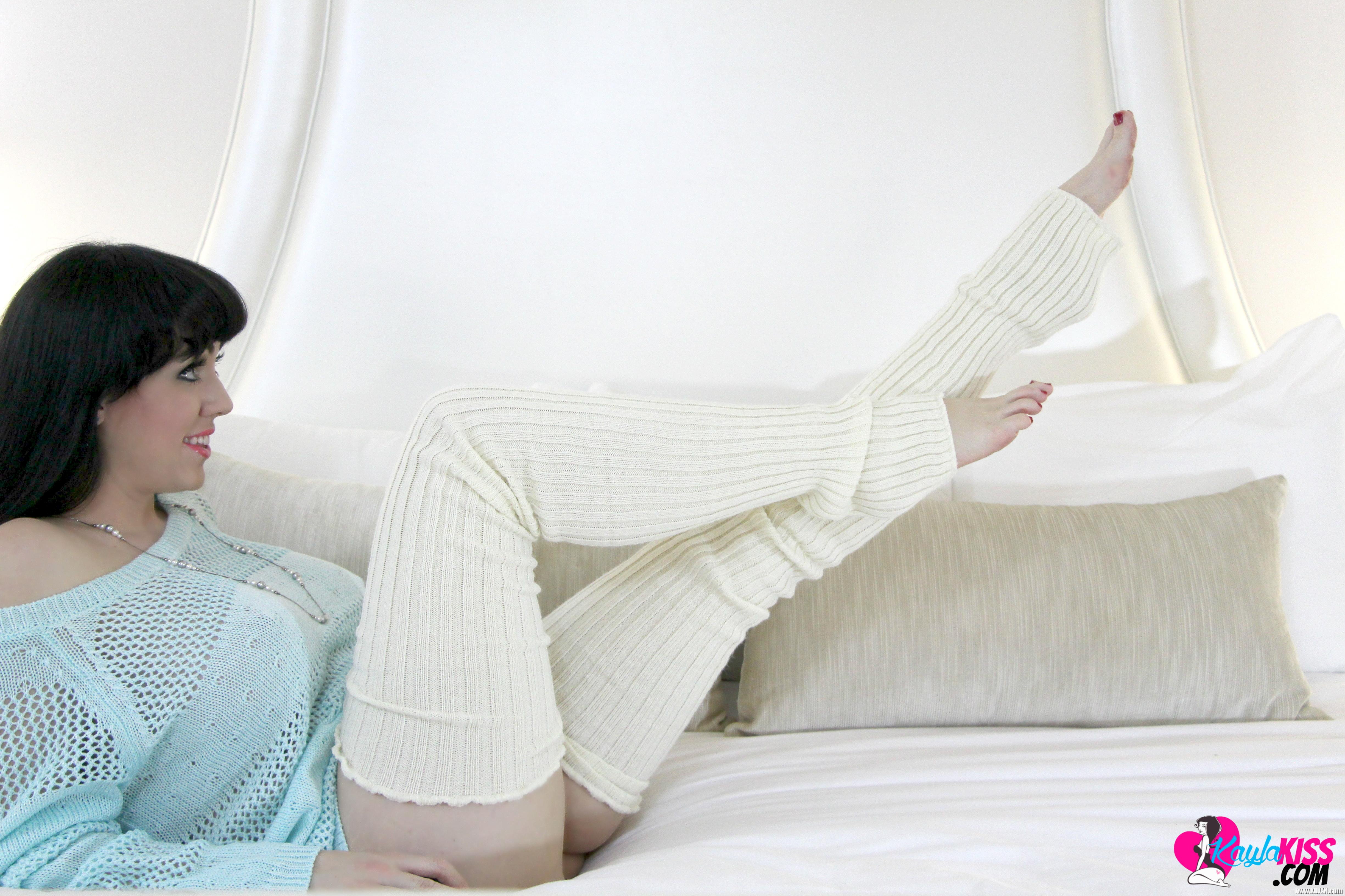 Brunette babe Kayla Kiss teases in her blue knit sweater - Photo #1590579