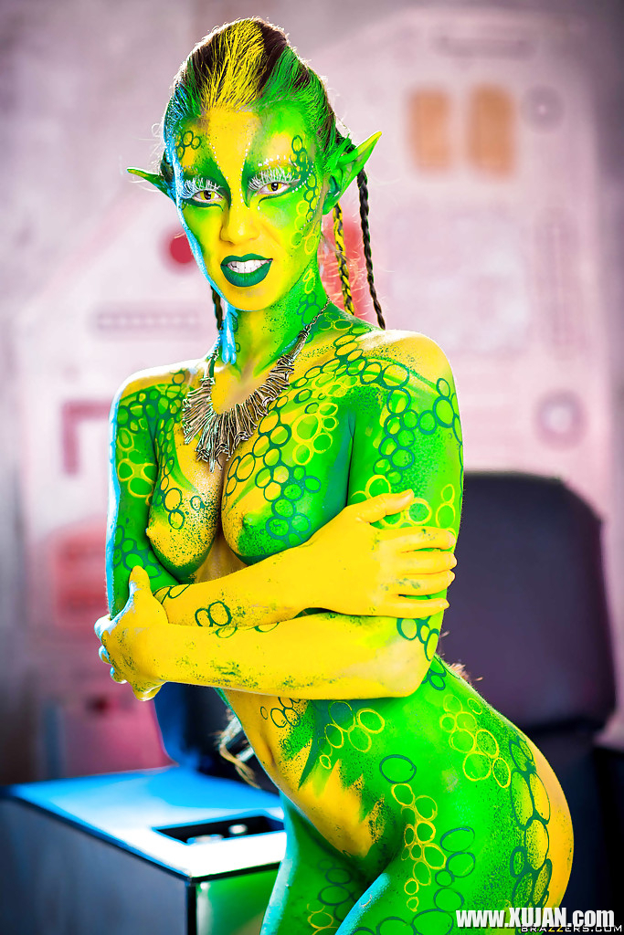 Kinky cosplay chick Tiffany Doll posing in body paint uniform and spreading - Photo #1602965