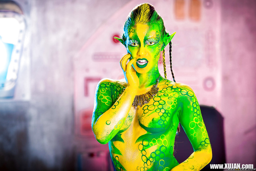 Kinky cosplay chick Tiffany Doll posing in body paint uniform and spreading - Photo #1602966