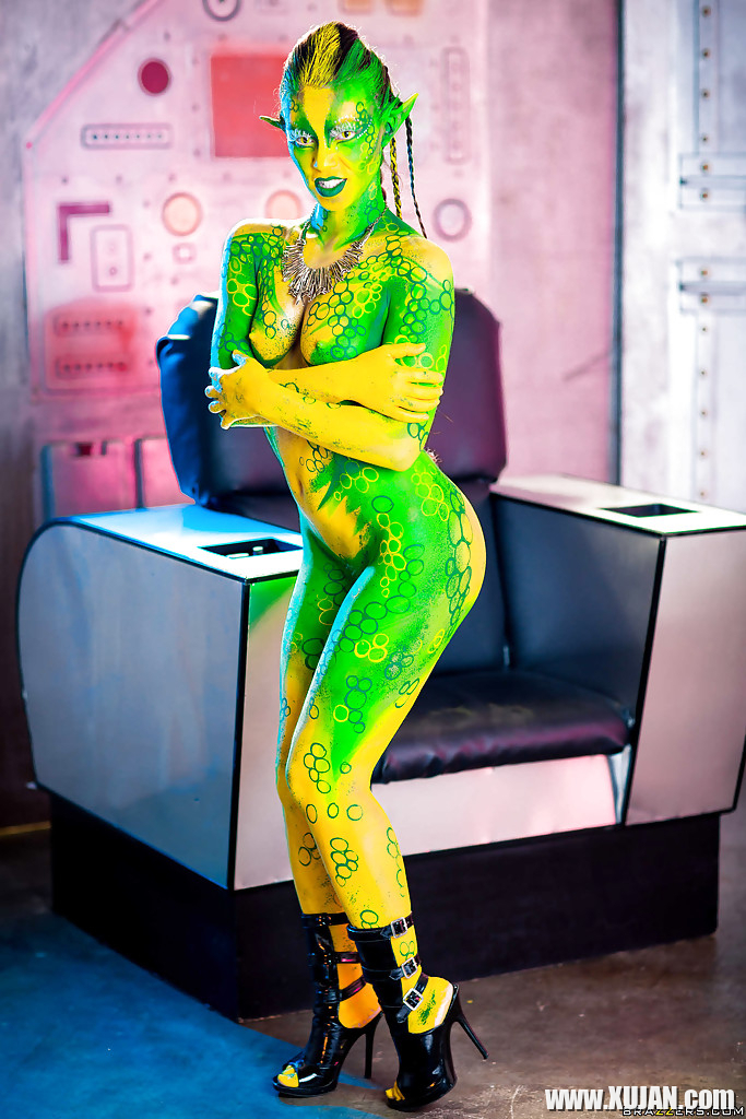 Kinky cosplay chick Tiffany Doll posing in body paint uniform and spreading - Photo #1602967