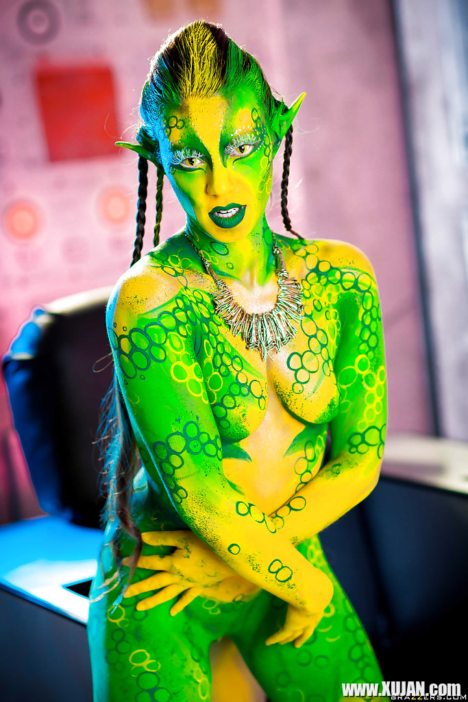 Kinky cosplay chick Tiffany Doll posing in body paint uniform and spreading - Photo #1602971