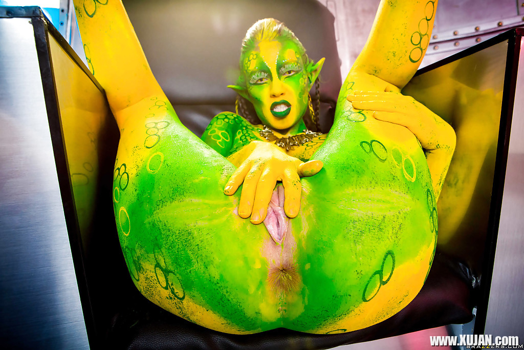 Kinky cosplay chick Tiffany Doll posing in body paint uniform and spreading - Photo #1602973