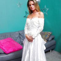 Clothed bride Amanda Blow shedding wedding dress before MMF sex