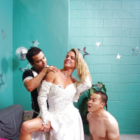 Clothed bride Amanda Blow shedding wedding dress before MMF sex