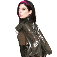 Fetish model Joanna Angel modeling assless latex miniskirt in high heels