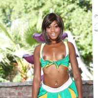 Black cheerleader Karma May shows off her big dark ass and tits