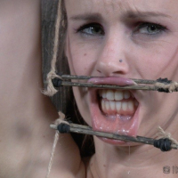 Bella Rossi is bound in wood with mouth spreader with clamps on her big tits