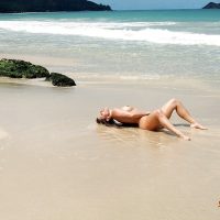 Hot blonde first timer Ashley Fires spreading long legs outdoors in ocean