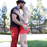 Blonde MILF Ashley Fires is seduced outdoors for rough sex indoors