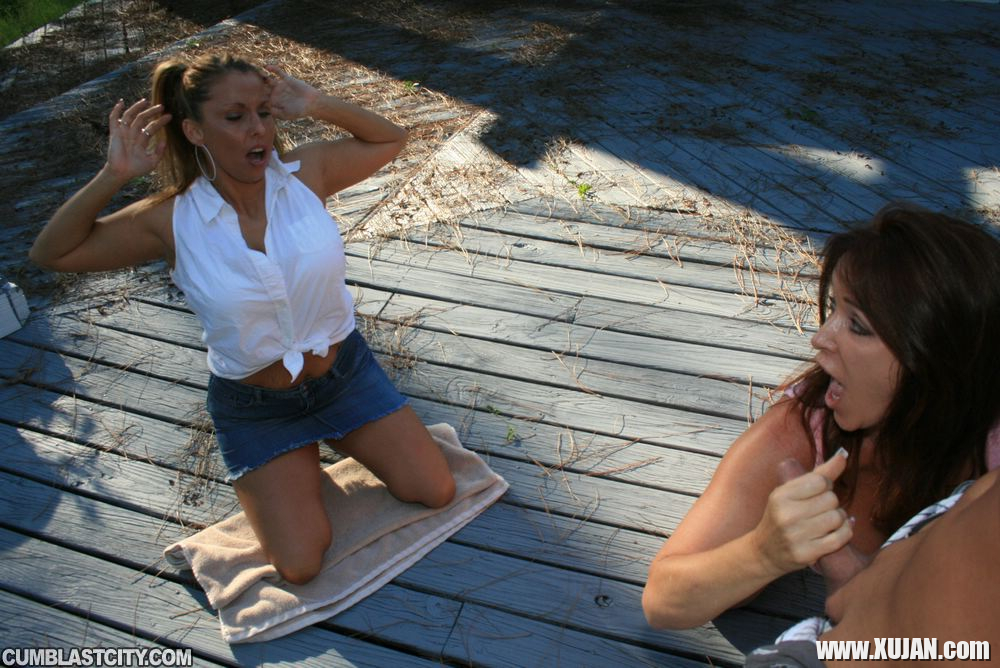 Big busted MILFs sharing a cock and getting bukkaked outdoor - Photo #1685290