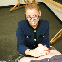 Big busted blonde MILF in glasses gets facial after handjob