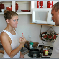 Eve Laurence fucking in the kitchen and scoring cum on her big breasts