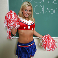 Nasty cheerleader Bree Olson revealing her big tits and shaved cunt
