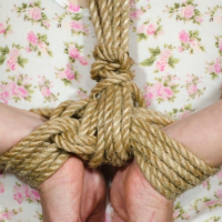 Delirious Hunter flexible blonde is bound in rope with tits exposed
