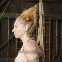 Delirious Hunter flexible blonde is bound in rope with tits exposed