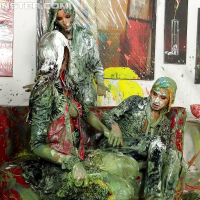 Sexy fetish babe Kitty Jane has some messy fully clothed fun with her friends