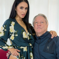 Brunette slut Alyssa Bounty pleases an old guy by riding his dick