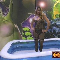 Brunette hottie drinking piss from several cocks during gangbang