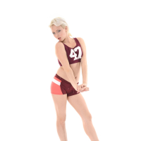 Sweet blonde strips out of her sporty outfits