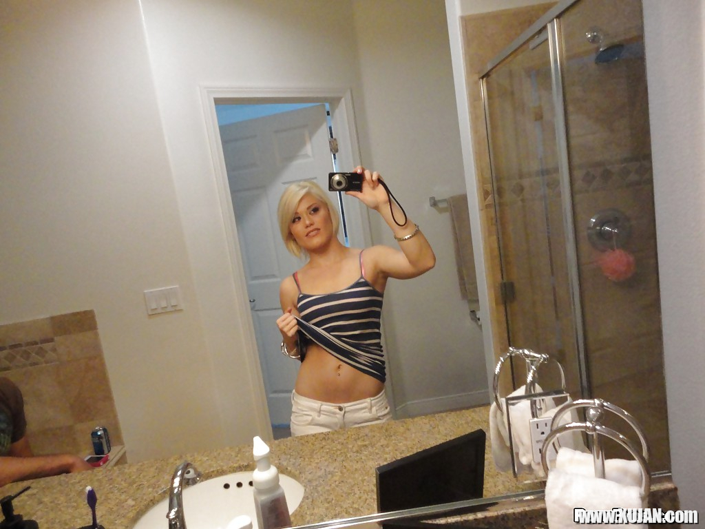 Young blonde hottie Ash Hollywood taking selfies in mirror while undressing - Photo #1785753