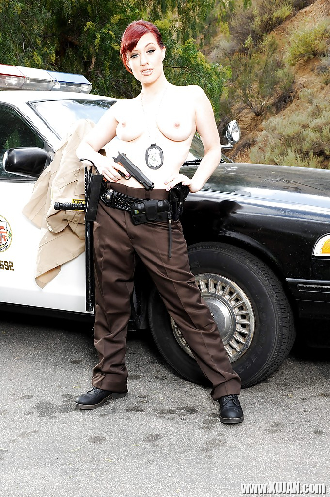 Redhead pornstar babe Jessica Ryan strips off police uniform outdoors - Photo #1791733