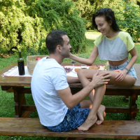 Brunette Lexi Layo sucking big cock in the garden