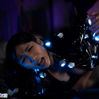 Wild japanese Asami Kondo in black latex costume gets boned hard