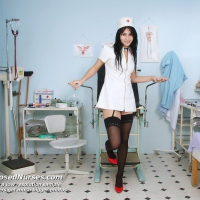 Filthy nurse Roxy Taggart strips and fucks herself with a speculum