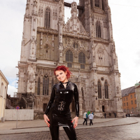 Lara Larsen walking around the City in PVC Outfit