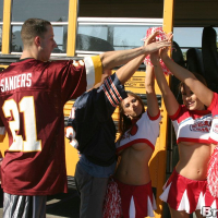 Three slutty cheerleaders starting a fervent orgy in the school bus