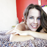 Brunette cutie Veronica Radke pulls down denim shorts and pink panties