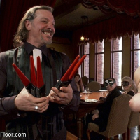 Sophia Locke rope bound for discipline training at public bdsm sex party